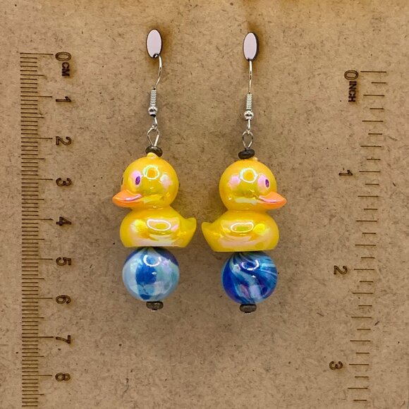 Rubber Duck On Beachball Cute Whimsical Handmade Pierced Earrings LR134 - Picture 3 of 5